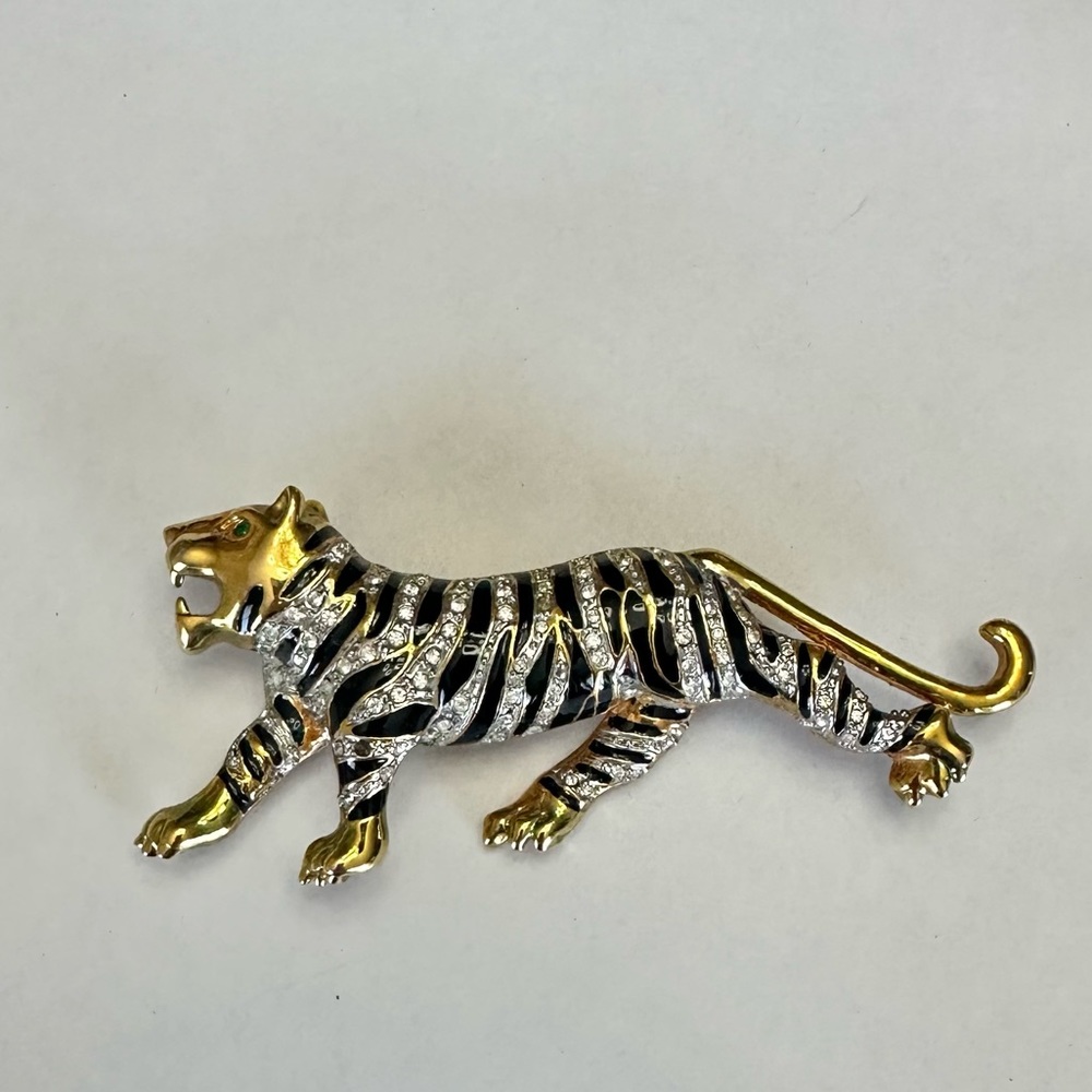 Womens Vintage roaring tiger cat‎ enamel rhinestone brooch